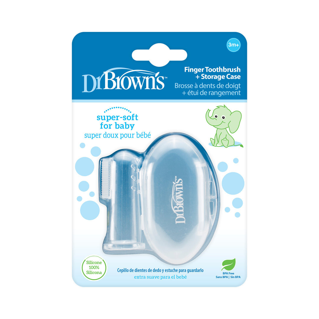 The packaging of Dr. Brown's Silicone Finger Toothbrush for Baby with Travel-Storage Case, 3m+, features a clear brush and a convenient storage case. An elephant illustration adorns the front, highlighting the "super-soft for baby" text which emphasizes its purpose in gum massage and oral hygiene for infants. Crafted from 100% silicone, this toothbrush is suitable for babies aged 3 months and up.