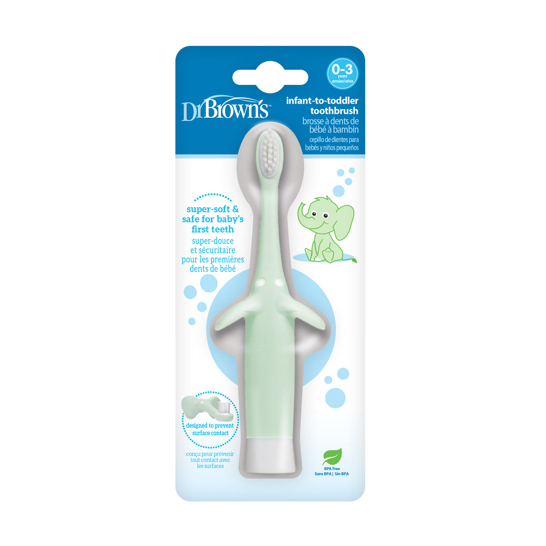 The packaging for Dr. Brown's™ Infant-to-Toddler Toothbrush, Elephant, 1-Pack showcases a mint-green toothbrush with a white handle featuring an elephant illustration and soft bristles, underlining its gentle touch and suitability for infant oral hygiene—ideal for your baby's first teeth.