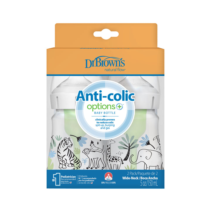 The Dr. Brown’s Natural Flow® Anti-Colic Options+™ Wide-Neck Baby Bottle 2-Pack features two bottles with a delightful jungle animal design, showcasing a zebra, tiger, and elephant. These 5oz/150mL bottles are crafted to help minimize colic, spit-up, burping, and gas.