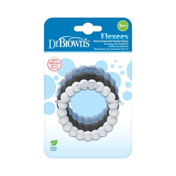 Dr. Brown’s™ Flexees™ Beaded Teether Rings, in calming blue and gray tones, are ideal for babies aged 3 months and older. Crafted to alleviate teething discomfort, these BPA-free rings promote baby self-soothing with their 100% silicone construction ensuring safety.