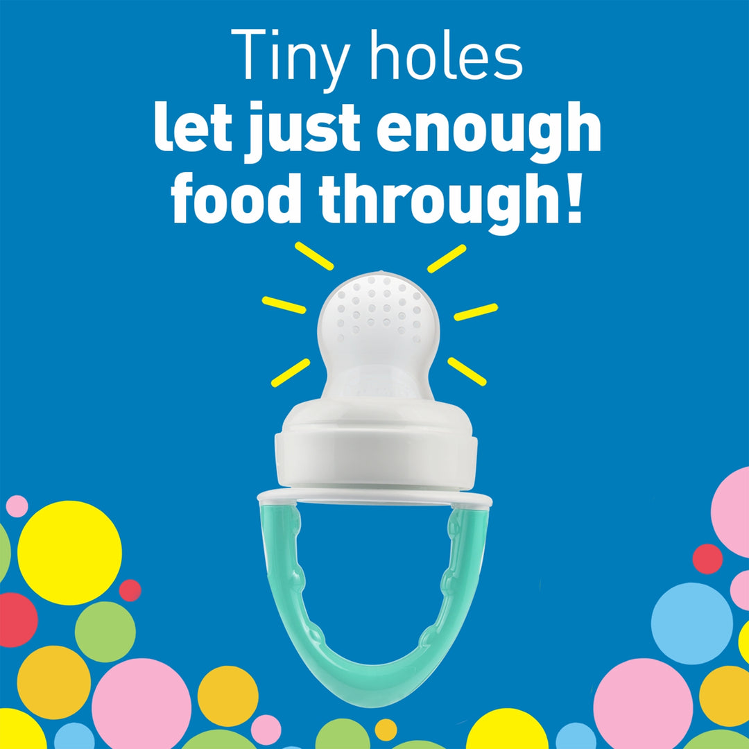 Displayed against a blue background is Dr. Brown's™ Fresh Firsts™ Silicone Feeder, featuring a teal handle and tiny holes. The text says, "Tiny holes let just enough food through!" ensuring safe feeding moments with Dr. Brown's quality. Vivid circles adorn the bottom of the image.