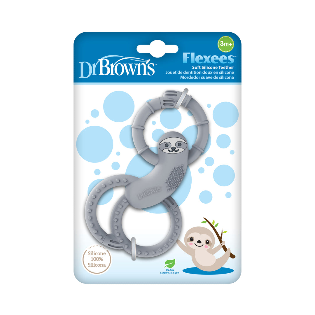 Packaging of Dr. Brown’s™ Flexees™ Sloth Teether, a soft silicone teething aid from Dr. Brown's designed for infants aged 3 months and older. Molded into the shape of a gray sloth with circular textured rings, it effectively soothes teething discomfort while aiding speech development. The packaging showcases a backdrop adorned with blue bubbles and a whimsical cartoon sloth.