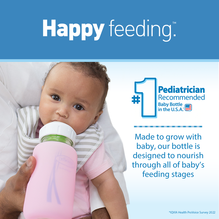 An adult holds a pink Dr. Brown’s Natural Flow® Anti-Colic Options+™ Wide-Neck Glass Baby Bottle with a Level 1 Slow Flow Nipple, as a baby drinks from it. The image highlights this pediatrician-recommended bottle from Dr. Brown's, emphasizing its natural flow design that adapts to all feeding stages and supports the baby's growth.