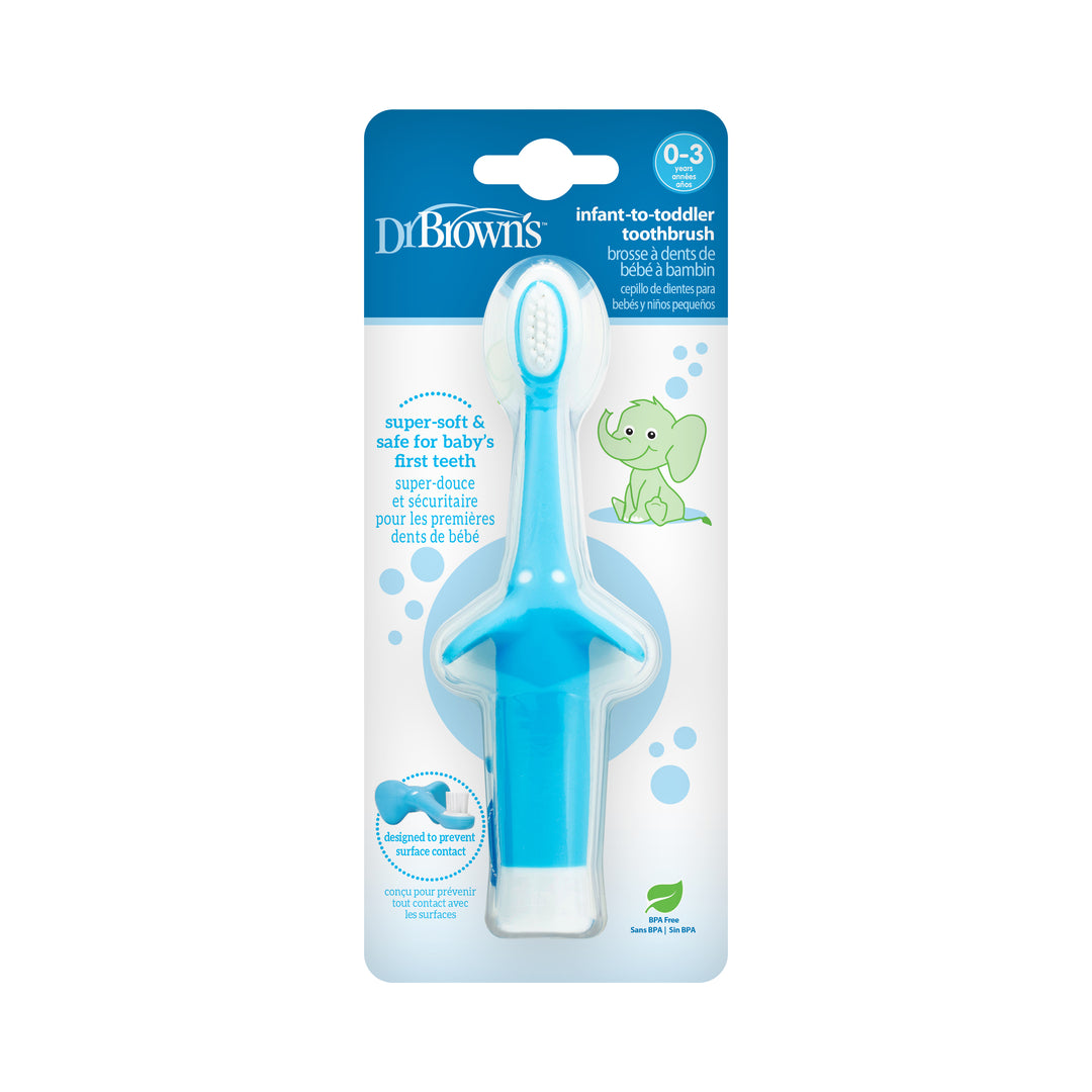 The Dr. Brown's™ Infant-to-Toddler Toothbrush, Elephant, 1-Pack is perfect for maintaining infant oral hygiene. This toothbrush is specifically designed for children aged 0-3 and features super-soft bristles that are ideal for first teeth. It comes in a blue color with a white bristle head and includes an elephant illustration on the packaging.