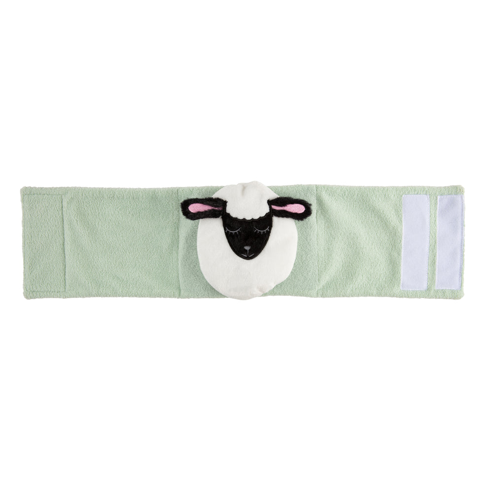 The Dr. Brown’s™ Infant Gripebelt™ Colic Relief Belt, available in green and featuring a plush sheep head with a black face and white wool in the center, uses Velcro closure to provide comfort for babies experiencing colic relief.