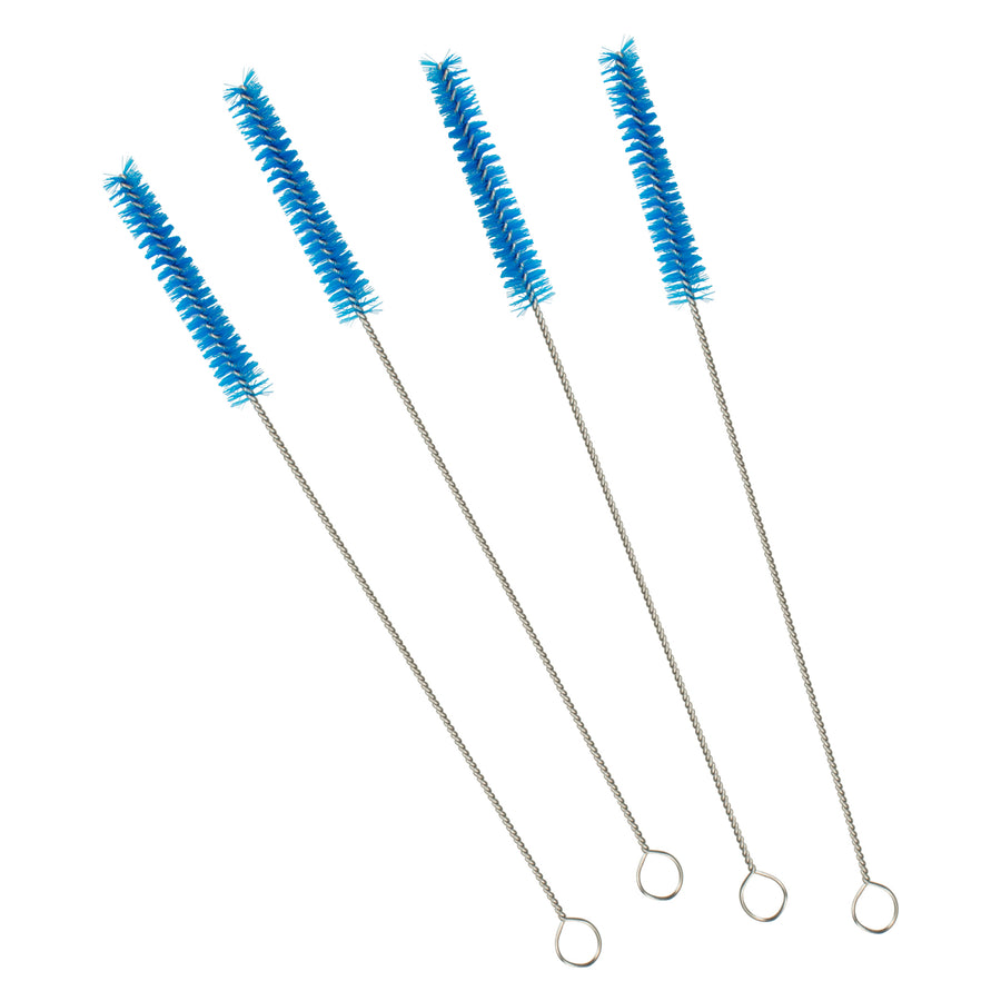 Four blue Dr. Brown's Natural Flow® Reusable Baby Bottle Vent System and Reservoir Cleaning Bristle Brushes, featuring twisted metal handles and looped ends, are arranged diagonally against a white background, ideal for maintaining spotless baby bottles.