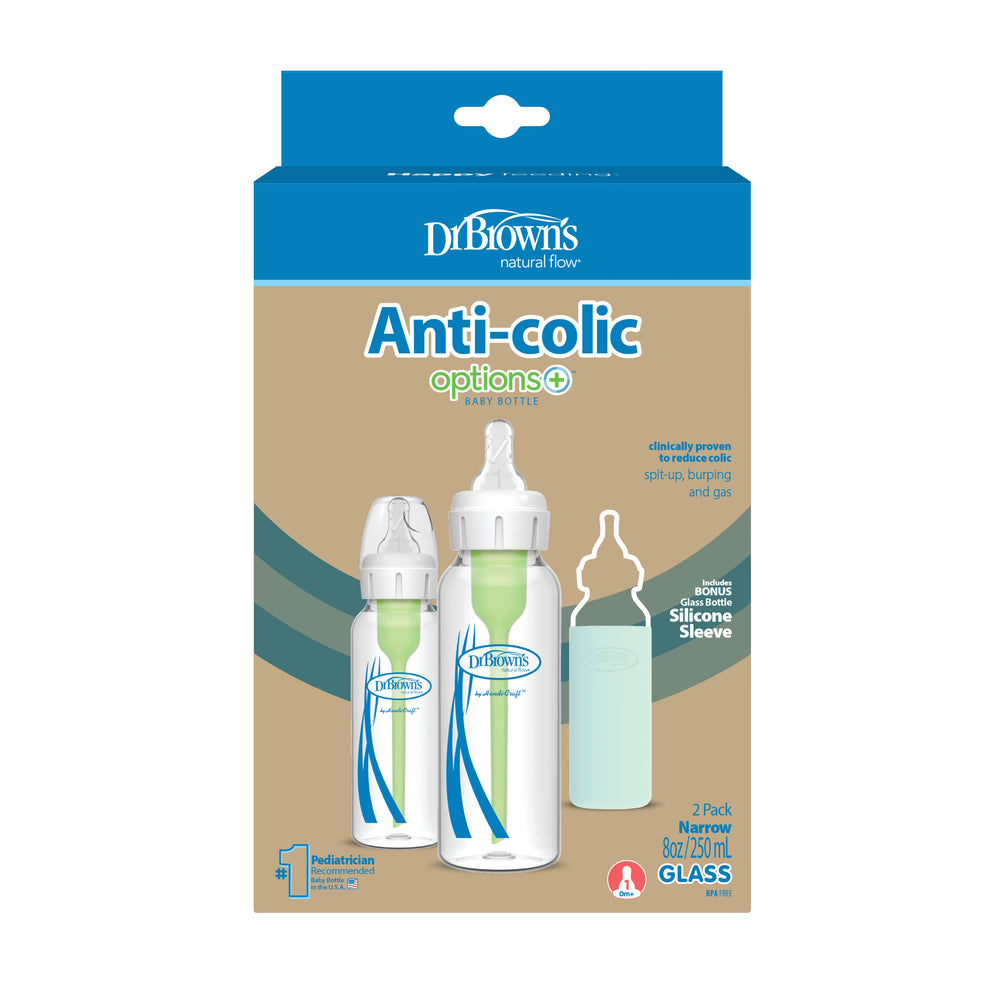 Packaging for Dr. Brown’s Natural Flow® Anti-Colic Options+™ Narrow Glass Baby Bottle with Silicone Sleeve, 2-Pack, highlights the innovative Anti-Colic Vent System designed to minimize spit-up and gas. The packaging features a blue and beige color scheme with prominent product images on the front.