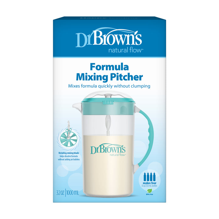 The packaging of Dr. Brown's Natural Flow® Formula Mixing Pitcher includes a sleek teal lid and handle along with a no-drip spout, ideal for mixing formula swiftly and preventing clumping. With its 32 oz (1000 ml) capacity, it can efficiently prepare four 8 oz baby bottles at once.