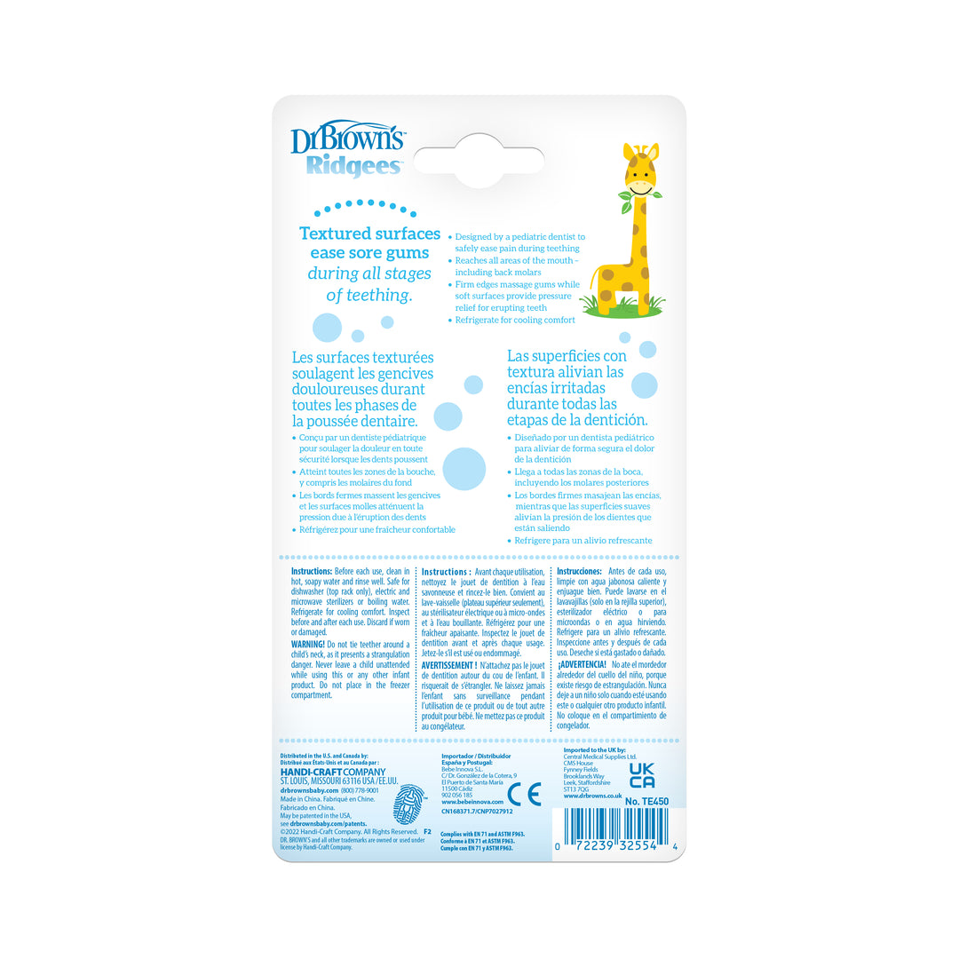 The image shows the back packaging of Dr. Brown’s™ Ridgees™ Giraffe Teether from Dr. Brown's, featuring text in several languages. It emphasizes textured surfaces designed to soothe gums and offer gum massages to ease teething discomfort. A yellow cartoon giraffe is depicted on the right side.