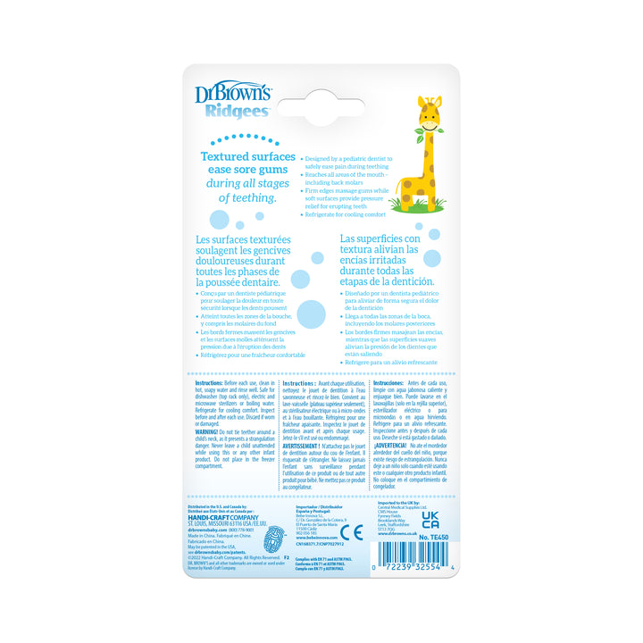 The image shows the back packaging of Dr. Brown’s™ Ridgees™ Giraffe Teether from Dr. Brown's, featuring text in several languages. It emphasizes textured surfaces designed to soothe gums and offer gum massages to ease teething discomfort. A yellow cartoon giraffe is depicted on the right side.