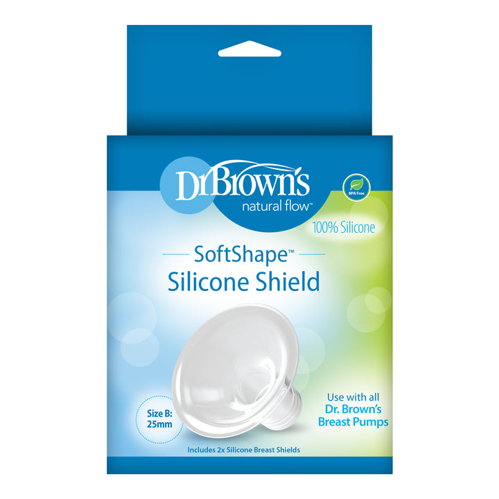 The Dr. Brown’s™ SoftShape™ Silicone Shield features elegantly designed packaging in blue and white, complete with a picture of the shield. It is designed for use with Dr. Brown's breast pumps, enhancing breast shape and providing comfort. Available in size 25mm.