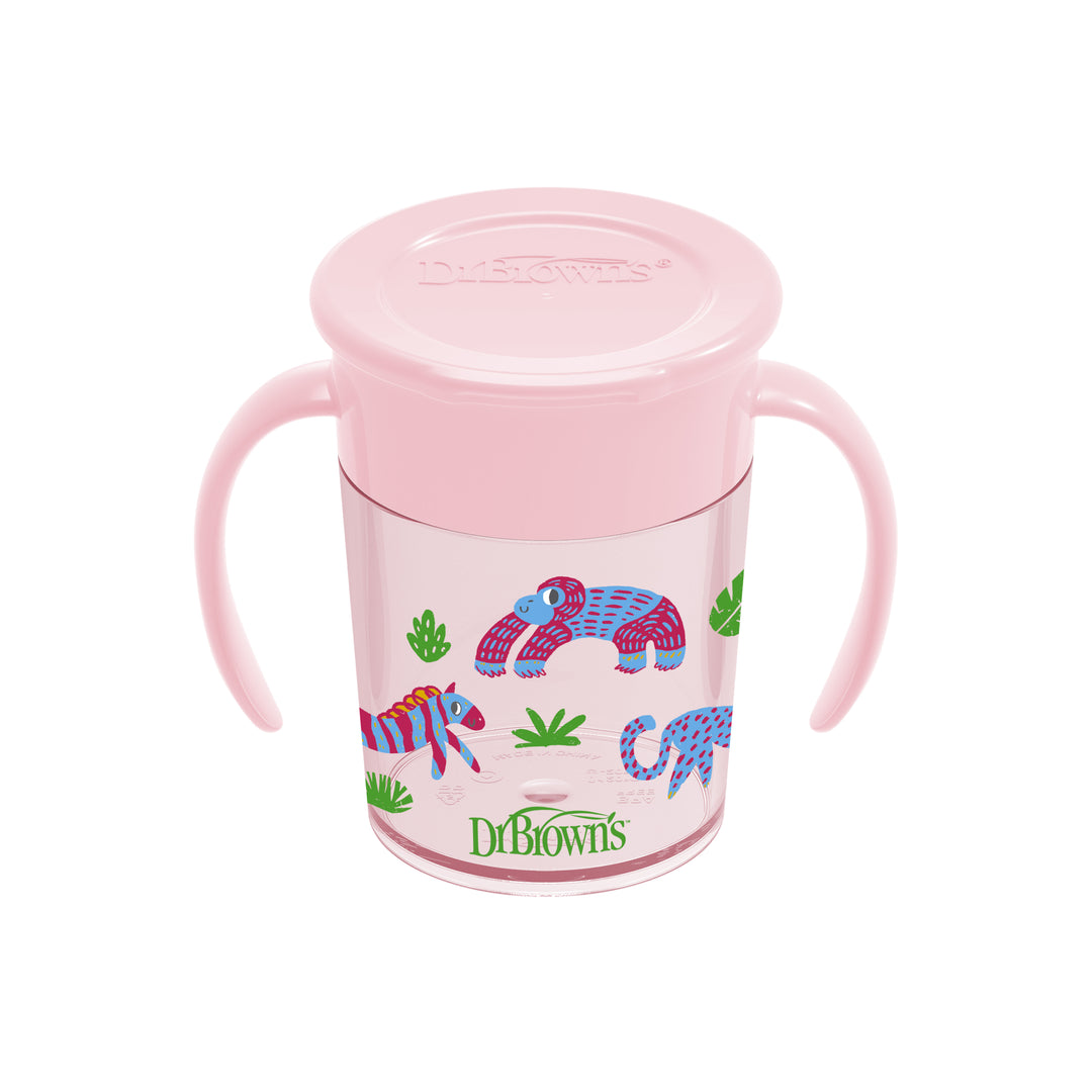 Introducing the Dr. Brown's Milestones™ Cheers360™ Cup in Blue, 7 oz — a spoutless 360-degree sippy cup with handles on both sides for easy grip. This leak-free cup features colorful cartoon animals and green plants, along with a pink lid embossed with the "Dr. Brown's" brand name, ideal for your toddler’s learning journey.