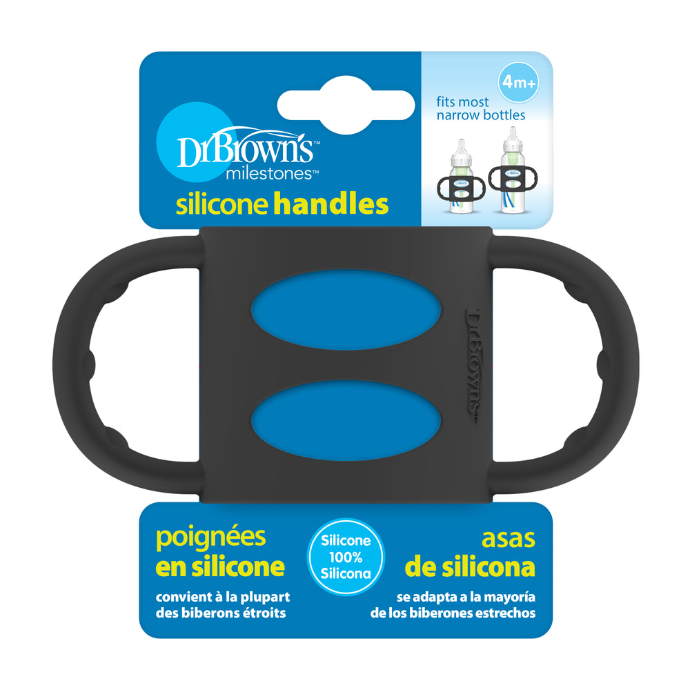 The Dr. Brown’s® Milestones™ Narrow Silicone Handles packaging promotes independent drinking by including two blue handles on a grey silicone frame, which is compatible with most narrow bottles. The labels specify that it is suitable for babies aged 4 months and older and support the development of drinking skills, with information available in multiple languages.