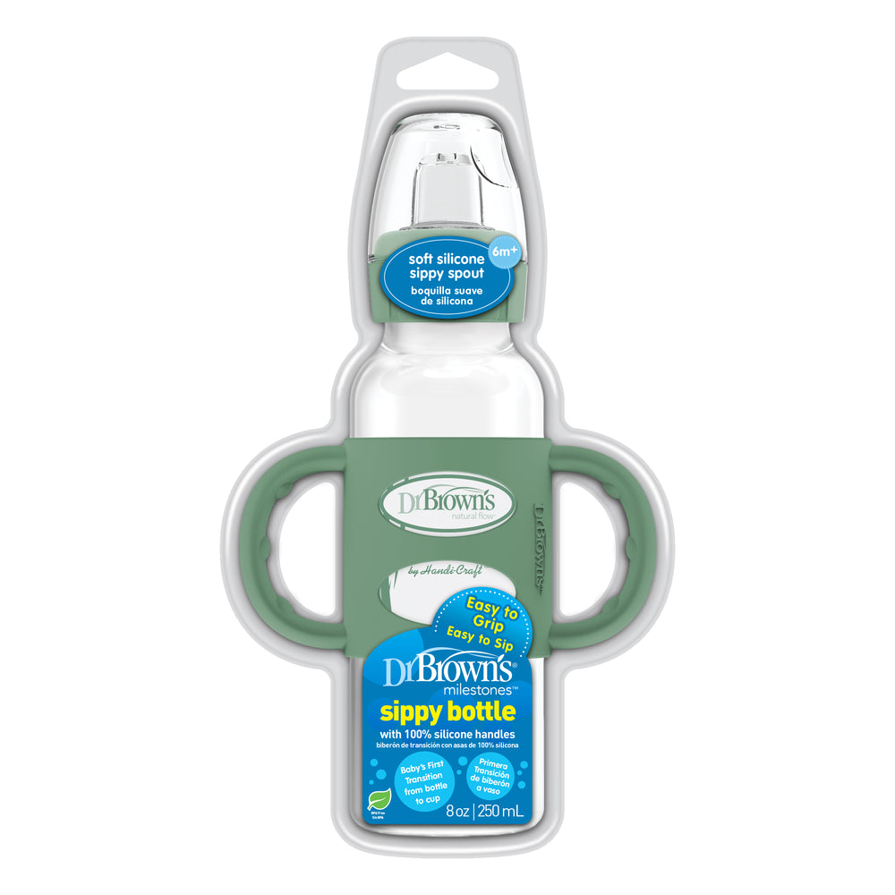 The Dr. Brown's® Milestones™ Narrow Sippy Spout Bottle, complete with green silicone handles and a soft sippy spout, is designed for easy gripping. This 8 oz/250 mL bottle is ideal for assisting babies in transitioning smoothly from bottle to cup.