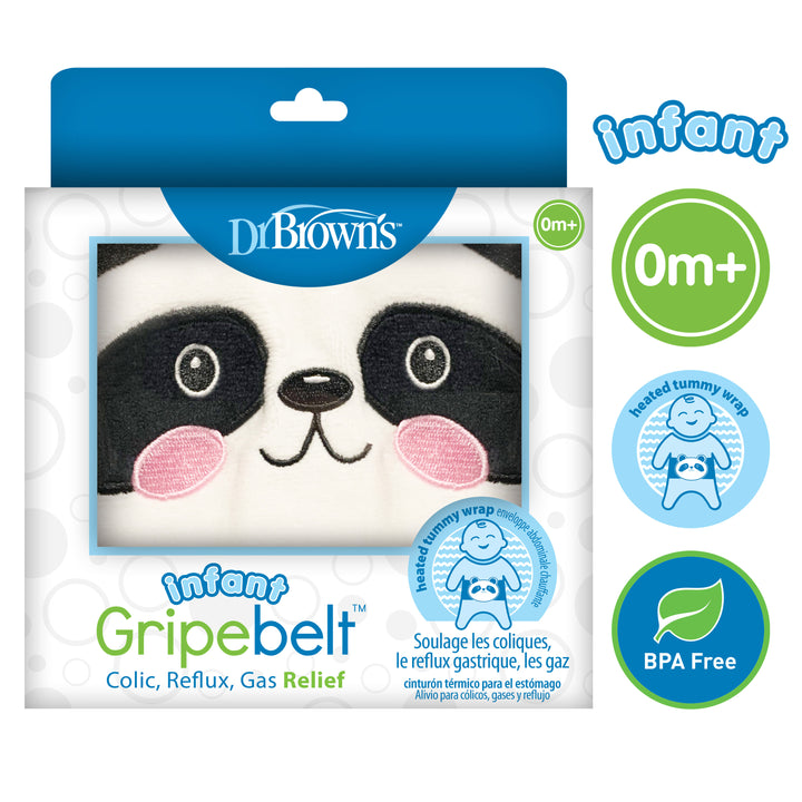 Dr. Brown's™ Infant Gripebelt™ Colic Relief Belt packaging showcases an adorable panda face, ideal for babies from birth onwards. This BPA-free, adjustable wrap uses its tummy wrap design to deliver natural relief from gas and colic, offering effective remedies for infants suffering from colic.