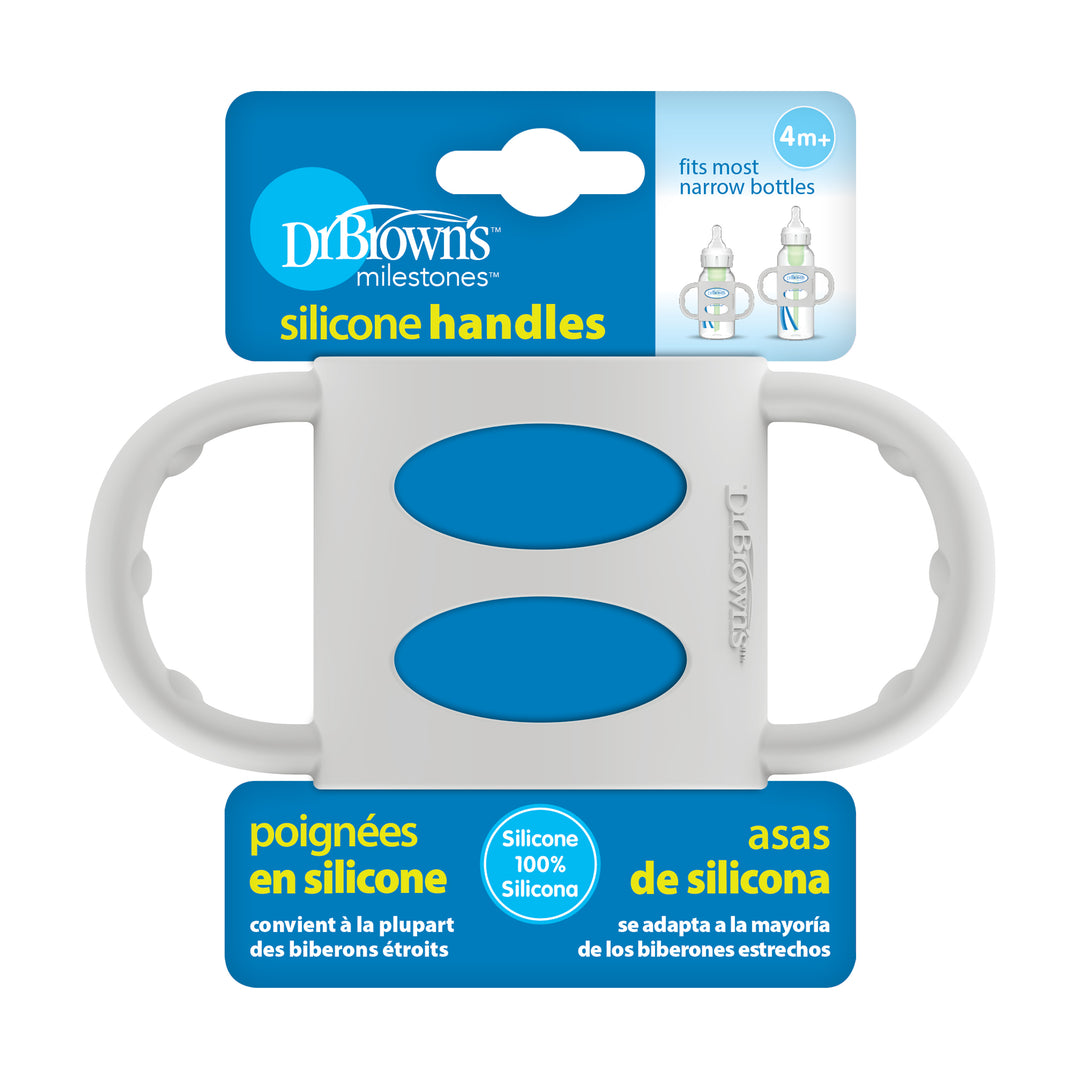 A package of Dr. Brown’s® Milestones™ Narrow Silicone Handles for baby bottles encourages independent drinking skills, featuring two white handles with blue accents that fit most Dr. Brown's Narrow Bottles. These handles are suitable for babies aged 4 months and older and come with information available in English, French, and Spanish.