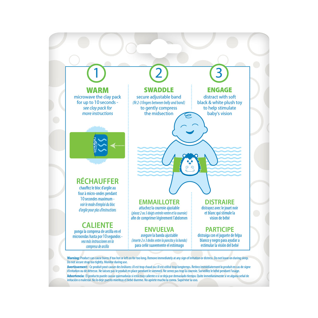 Instructional image showing three steps for colic relief using the Dr. Brown’s™ Infant Gripebelt™ Colic Relief Belt: 1) Warm the clay pack by microwaving it. 2) Swaddle your baby with the adjustable belt. 3) Engage your baby using a soft book or plush toy. The image includes illustrations of a smiling figure holding the Gripebelt, accompanied by text in various languages.