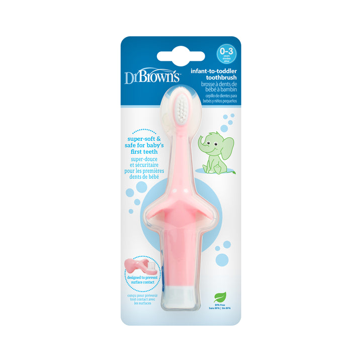 Introducing Dr. Brown's™ Infant-to-Toddler Toothbrush, Elephant, designed for ages 0-3. This baby toothbrush comes in pink and includes a practical suction base and adorable cartoon elephant packaging, highlighting its soft bristles to provide gentle oral care for your child's first teeth.