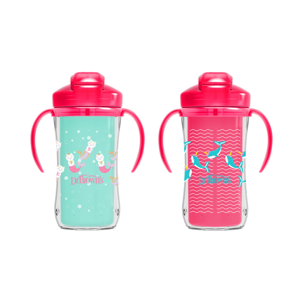 The Dr. Brown's Milestones™ Insulated Straw Cup, 2-Pack features two vibrant, spill-proof sippy cups with red sliding lids and handles. One cup is teal adorned with an owl design, while the other is pink featuring a mermaid motif. Both are equipped with clear bases and curved spouts for mess-free sipping.