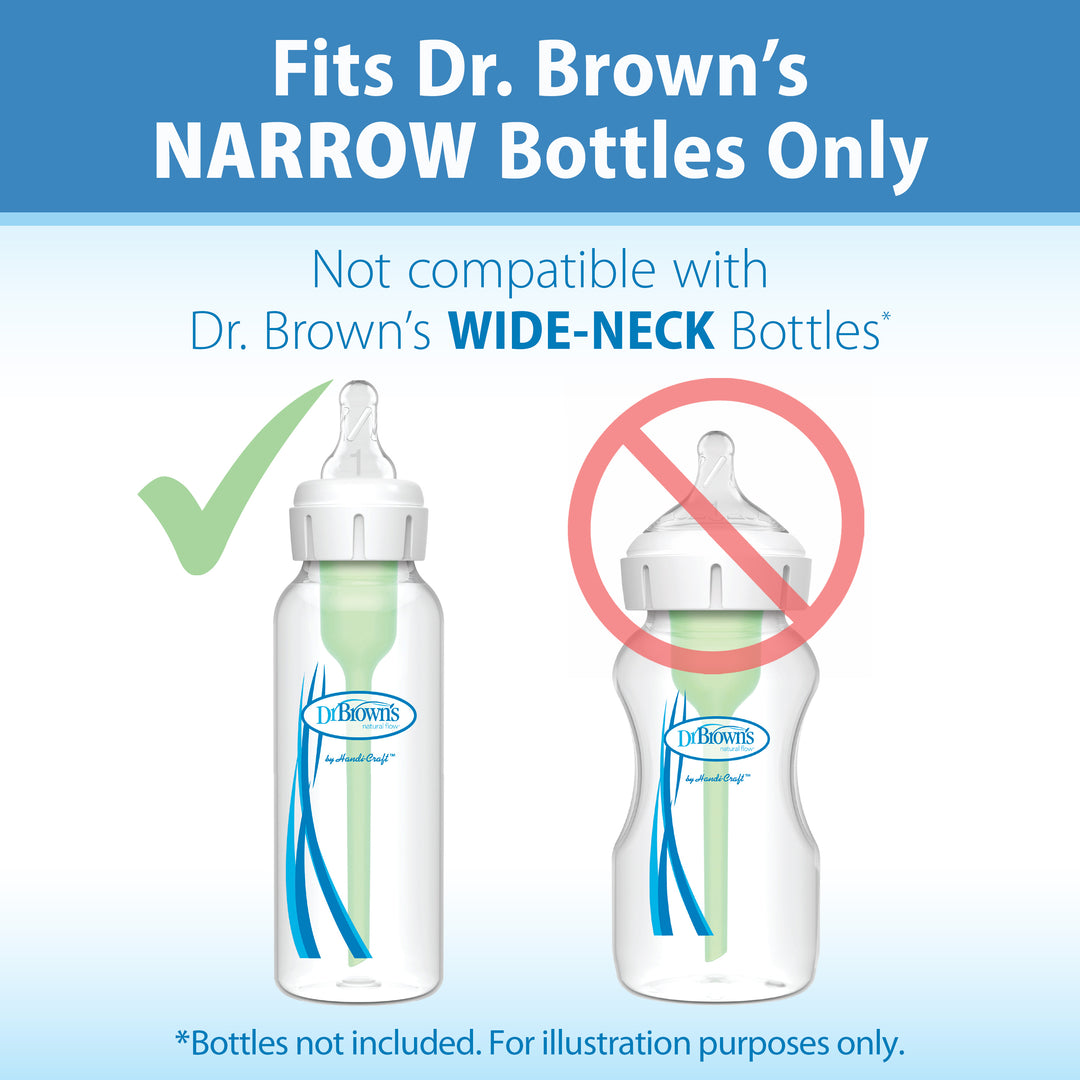 Image featuring two Dr. Brown’s Natural Flow® Narrow Baby Bottles: the first bottle, marked with a green checkmark, is suited for narrow designs aimed at providing an anti-colic and comfortable feeding experience. The second bottle, identified by a red circle with a line through it, shows it's not suitable for wide-neck bottles. Please note that silicone nipples are not included in this package.