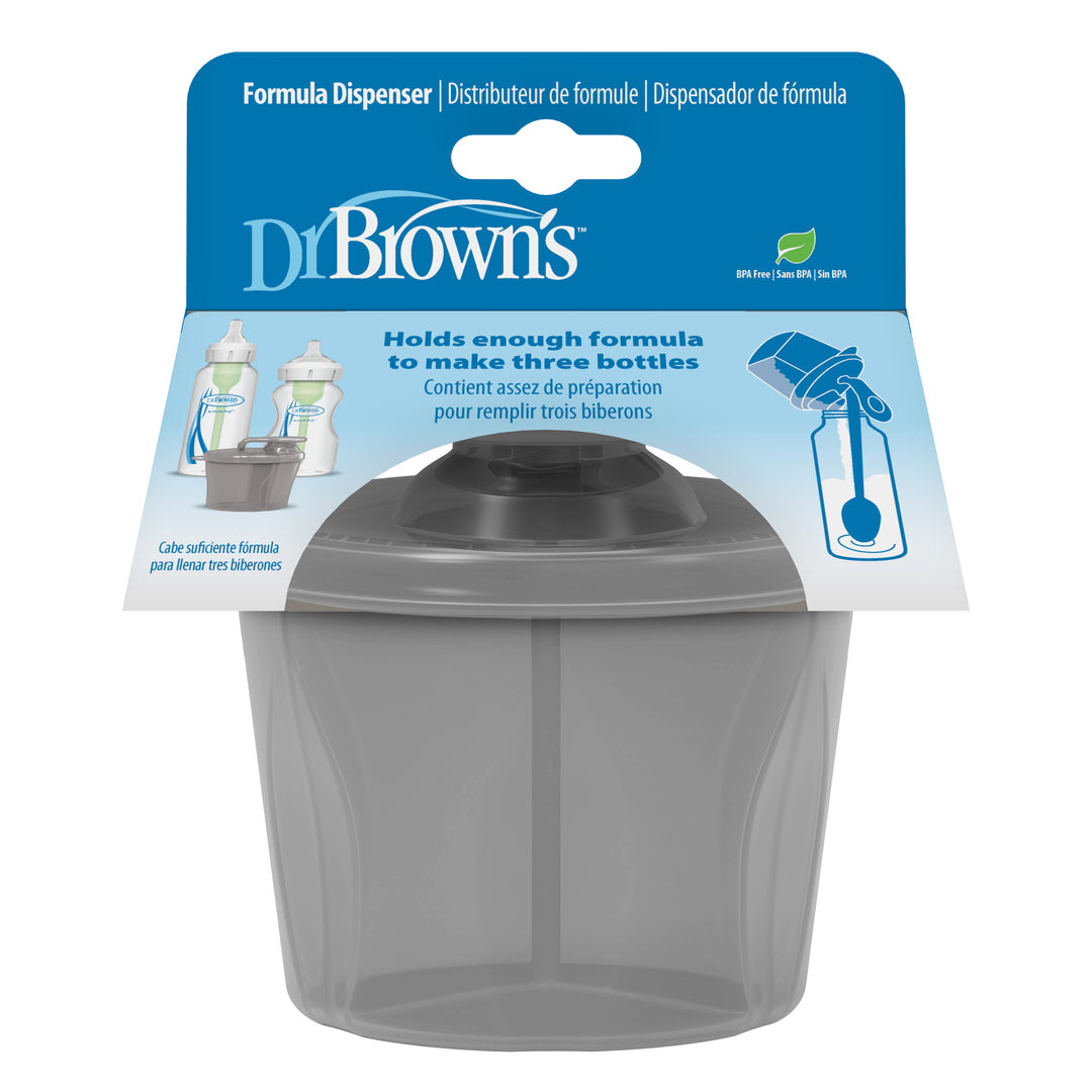 The Dr. Brown’s® Baby Formula Dispenser, ideal for baby feeding, is available in gray and comes with packaging that highlights its capacity to hold enough formula for three 9 oz bottles. The package features images of bottles and a formula scoop, and is designed in blue and white with English and French text.