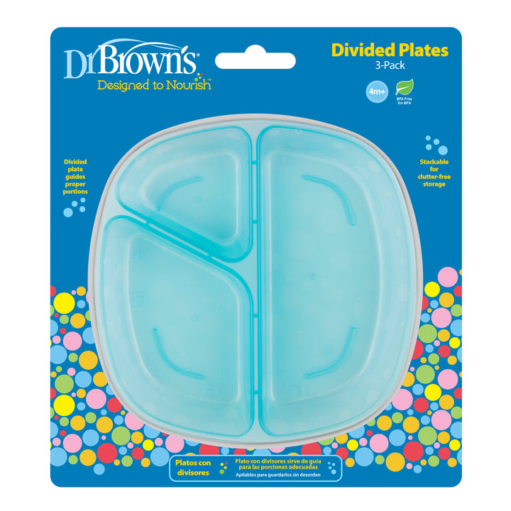 The packaging for the Dr. Brown’s™ Divided Plate, available in a 3-pack, features a blue design adorned with colorful dots. It beautifully presents three turquoise divided plates that are perfect for portioning toddler meals. The packaging highlights features such as "Designed to Nourish" and "Stackable clutter-free storage," making mealtime effortless!