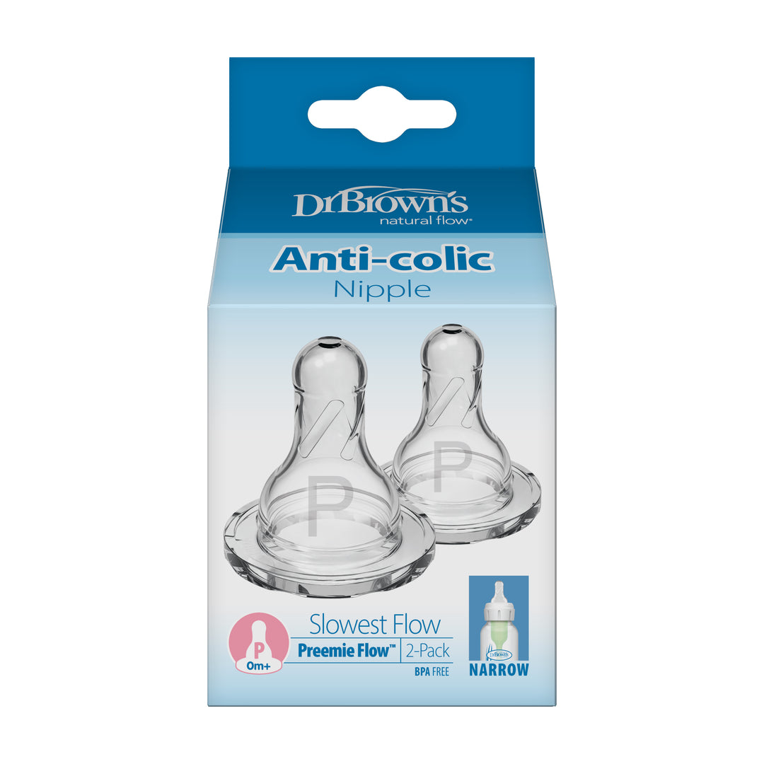 The packaging of Dr. Brown’s Natural Flow® Narrow Baby Bottle Silicone Nipple, 2-Pack, from Dr. Brown's includes two preemie nipples designed for the youngest babies with a slowest flow option. These BPA-free silicone nipples feature a narrow design and come in a blue and white box that displays the product image and details to ensure your baby's comfort from day one.