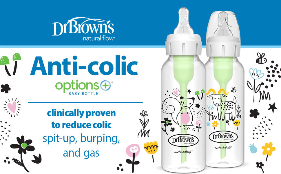 Brown’s Natural Flow Anti-Colic Options+ Narrow Baby Bottle, with Level Slow Flow Nipple, 2-Pack