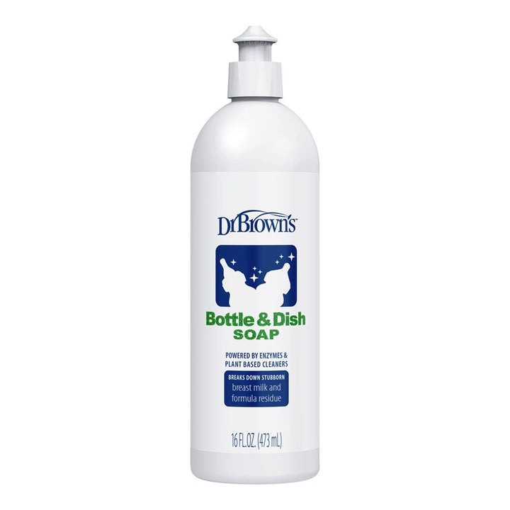 A 16 fl oz (473 ml) bottle of Dr. Brown’s™ Bottle & Dish Soap from Dr. Brown's, equipped with a pump top and emphasizing its natural plant-derived ingredients and powerful enzymes for efficiently removing breast milk and formula residue.