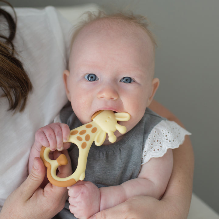 A baby with light hair and blue eyes is nestled in someone's arms, dressed in a gray outfit accented with white lace sleeves. They are happily using their Dr. Brown’s™ Ridgees™ Giraffe Teether from Dr. Brown's to soothe their teething discomfort as they gently chew on it.