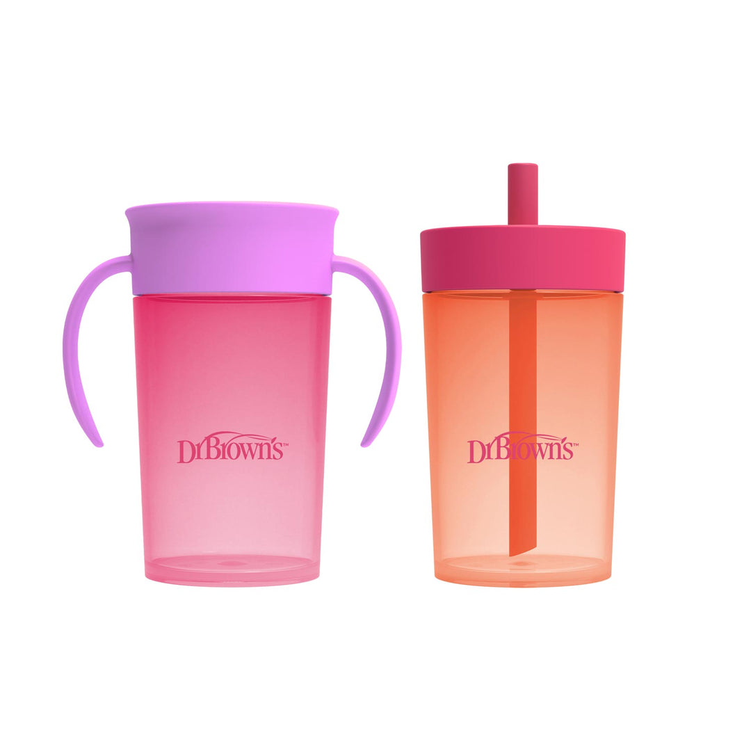 The Dr. Brown's® Milestones™ Straw to 360° Cup Set includes a pink cup with dual handles and a purple lid for beginners, and an orange cup with a red straw and lid designed to enhance straw sipping skills.