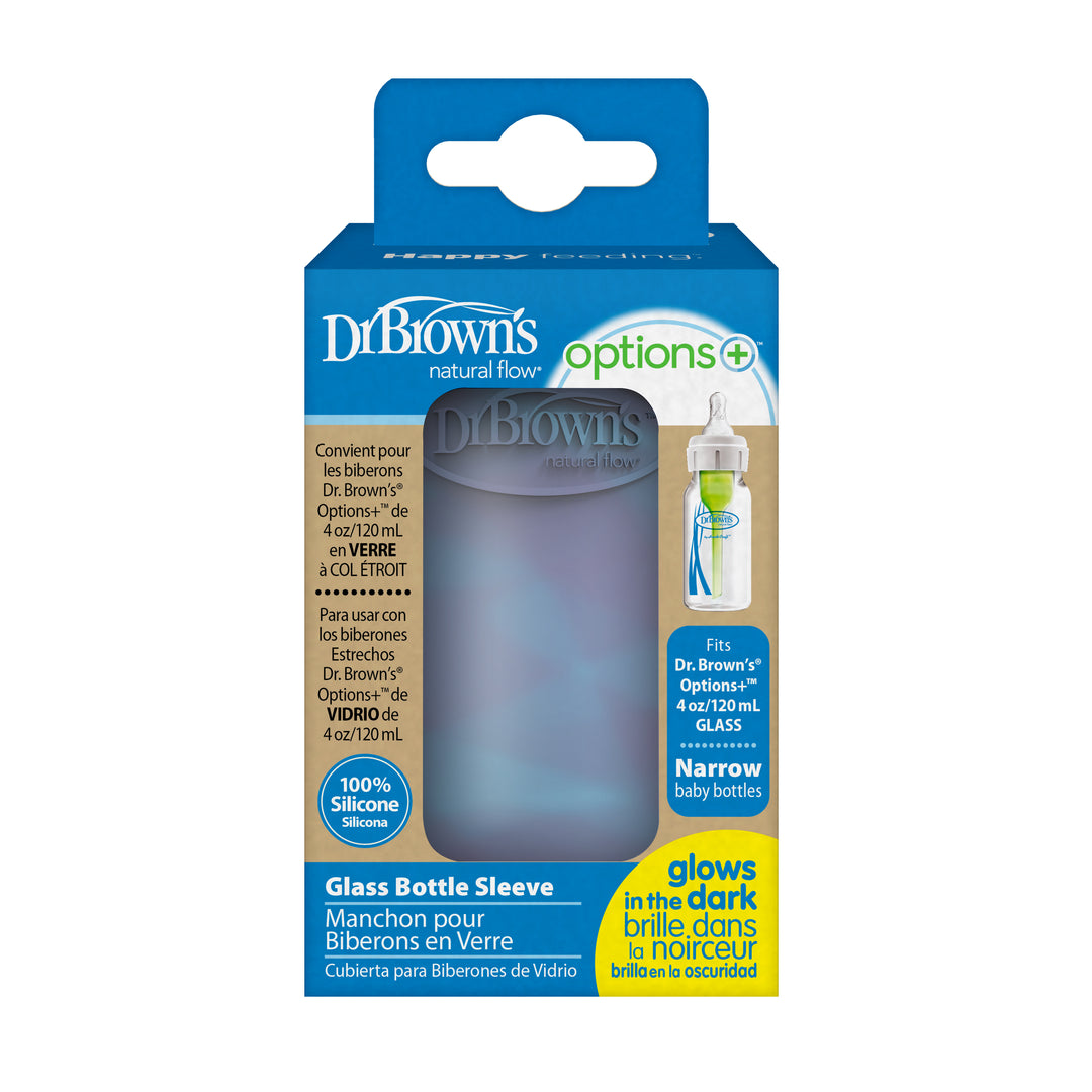 The packaging features a Dr. Brown's Natural Flow® Options+™ Narrow Glass Bottle Silicone Sleeve in blue, specifically designed for 4 oz/120 ml narrow glass baby bottles. This stylish and functional sleeve provides product details in both English and French, ensuring easy comprehension. It's ideal for parents looking for protection and convenience.