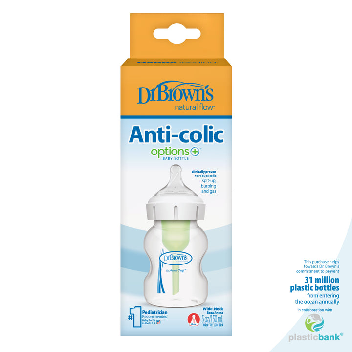 Image of Dr. Brown’s Natural Flow® Anti-Colic Options+™ Wide-Neck Baby Bottle in packaging. The box is orange and white with blue text, highlighting features such as "wide-neck" and "5 oz/150 ml." A note mentions that purchasing the product contributes to removing plastic from the ocean.