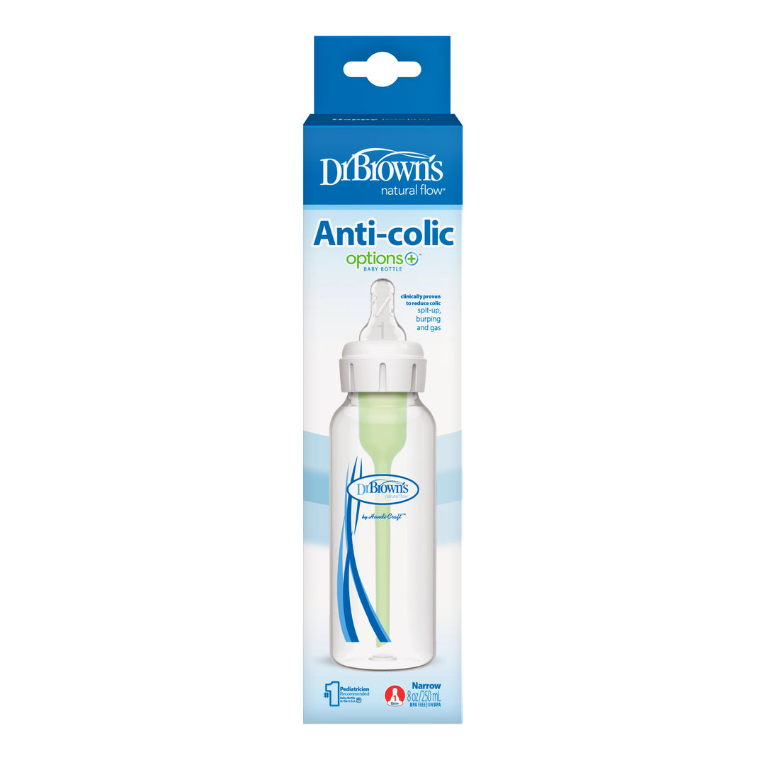 The packaging of the Dr. Brown’s Natural Flow® Anti-Colic Options+™ Narrow Baby Bottle with a Level 1 Slow Flow Nipple highlights its slim design and green vent system, thoughtfully engineered to minimize colic. The box, featuring soothing blue and white colors, offers comprehensive product details.