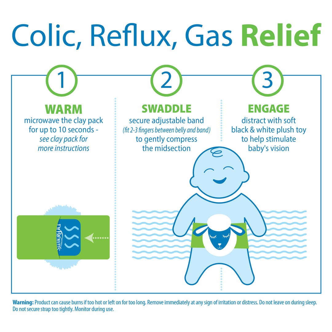 Illustration demonstrating steps for using Dr. Brown’s™ Infant Gripebelt™ Colic Relief Belt: 1) Warm the clay pack in the microwave. 2) Wrap the baby with the belt. 3) Interact with a black and white plush toy. Includes a warning about overheating risks and potential burns. A natural solution from Dr. Brown's to effectively alleviate your baby's discomfort.
