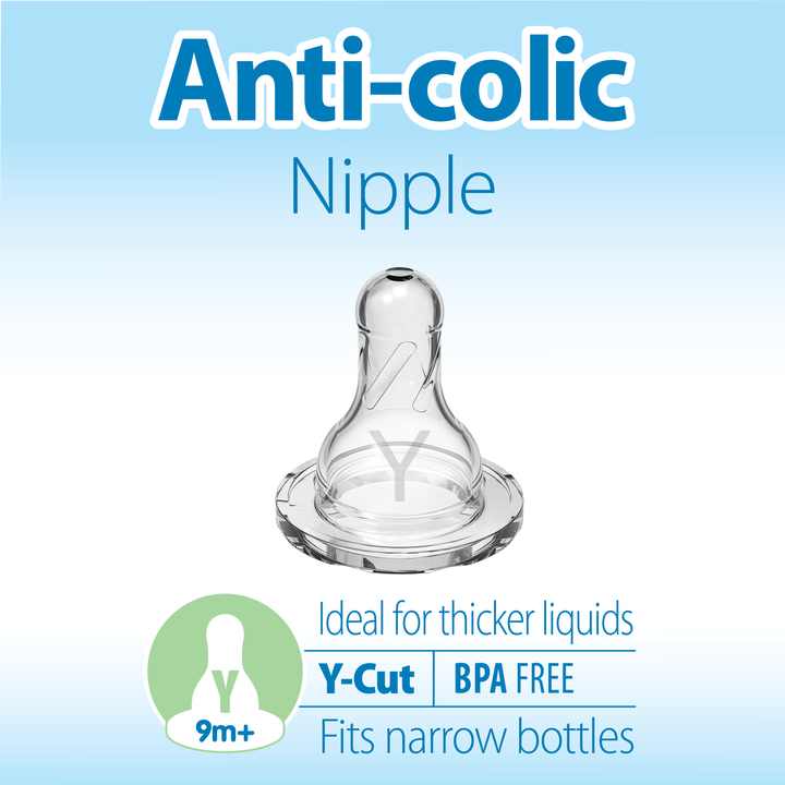 The image features Dr. Brown's Natural Flow® Narrow Baby Bottle Silicone Nipple, designed with a Y-cut for thicker liquids. BPA-free and ideal for babies aged 9 months and older, this nipple fits narrow bottles. The blue background emphasizes text and an illustration of this advanced nipple.