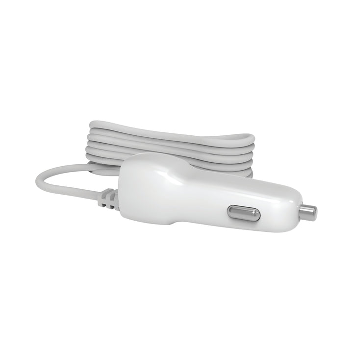 The Dr. Brown's Auto Adapter for Electric Breast Pump is a sleek, white charger designed with a coiled cable that caters perfectly to parents on the go. Its metallic tip and neatly wrapped cord ensure convenience, making it an essential accessory for your Customflow Double Electric Breast Pump during travels.