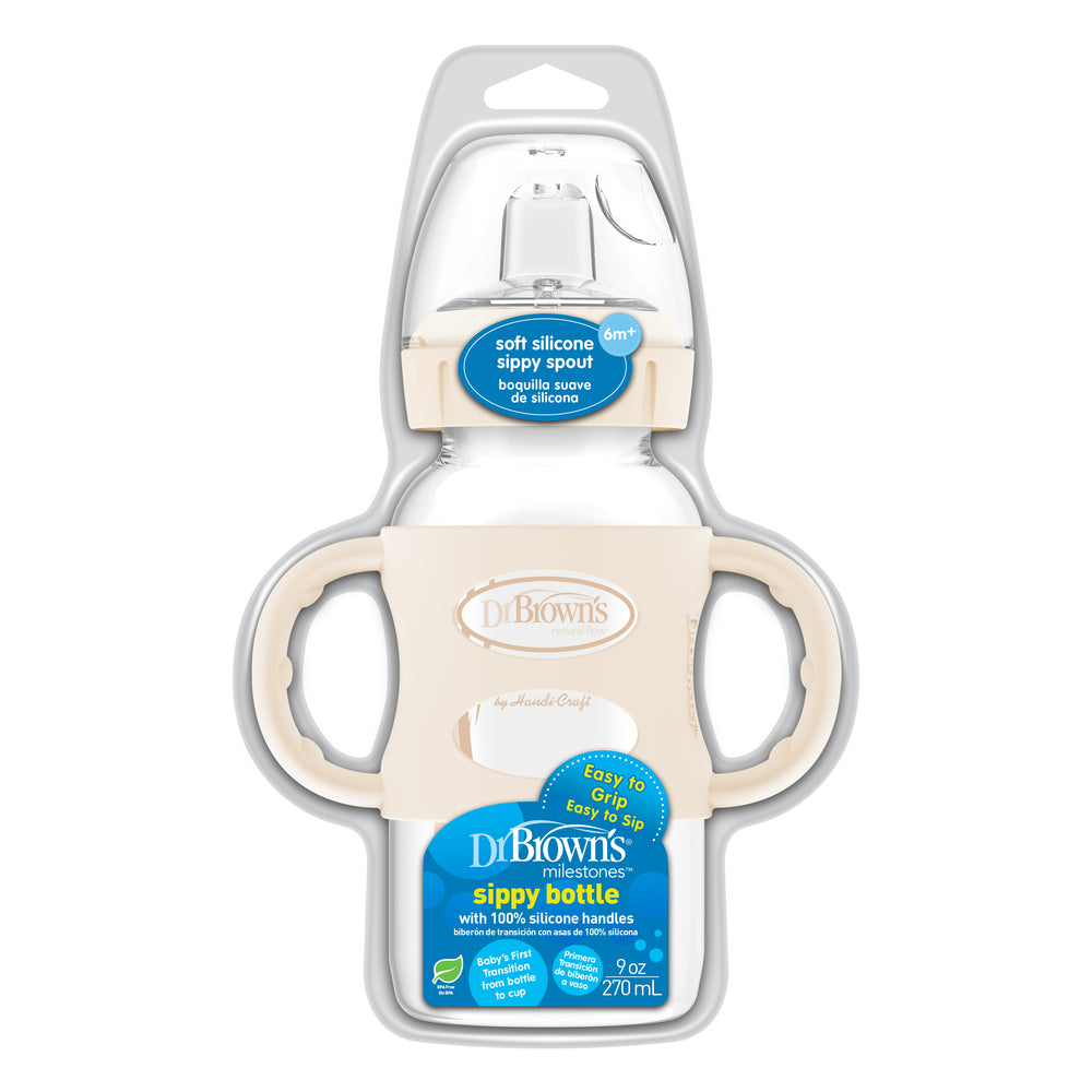 The Dr. Brown’s® Milestones™ Wide-Neck Sippy Spout Bottle, featuring soft silicone handles and a sippy spout, is perfect for developing your child's drinking skills. With a capacity of 270 mL (9 oz), it offers an easy grip and serves as both a bottle and a sippy cup, making it ideal for transitioning your little one.