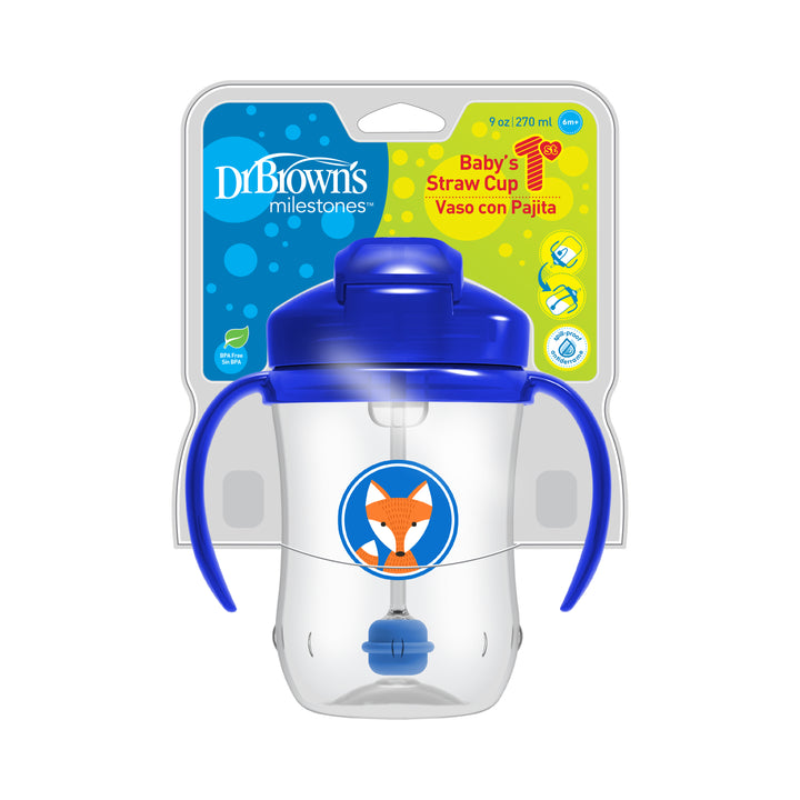 The Dr. Brown’s™ Milestones™ Baby’s First Straw Cup by Dr. Brown's is designed to facilitate a smooth transition from bottle to cup. Constructed from clear plastic, it comes with a spill-proof blue lid and handles, featuring an adorable fox design. This 9 oz/270 ml cup is packaged on labeled cardboard with text in both English and Spanish.