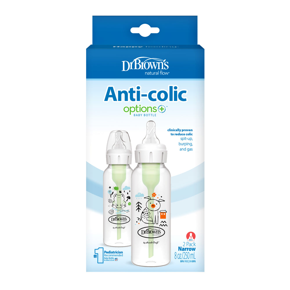 Image of the Dr. Brown’s Natural Flow® Anti-Colic Options+™ Narrow Baby Bottle 8oz/250mL, 2-Pack packaging from Dr. Brown's. The blue and white box showcases two bottles featuring animal and tree designs, emphasizing its benefits in reducing colic, spit-up, burping, and gas to ensure a smoother feeding experience.