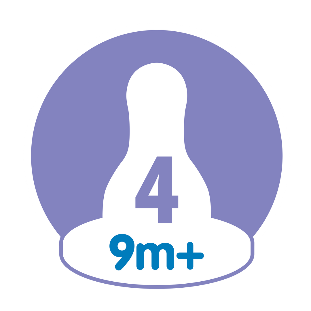 A purple circle showcasing a white silhouette of the Dr. Brown’s Natural Flow® Narrow Baby Bottle Silicone Nipple, marked with the number "4". Below, "9m+" in blue signifies that this Dr. Brown's product is suitable for babies aged 9 months and older, providing comfortable feeding and anti-colic advantages.