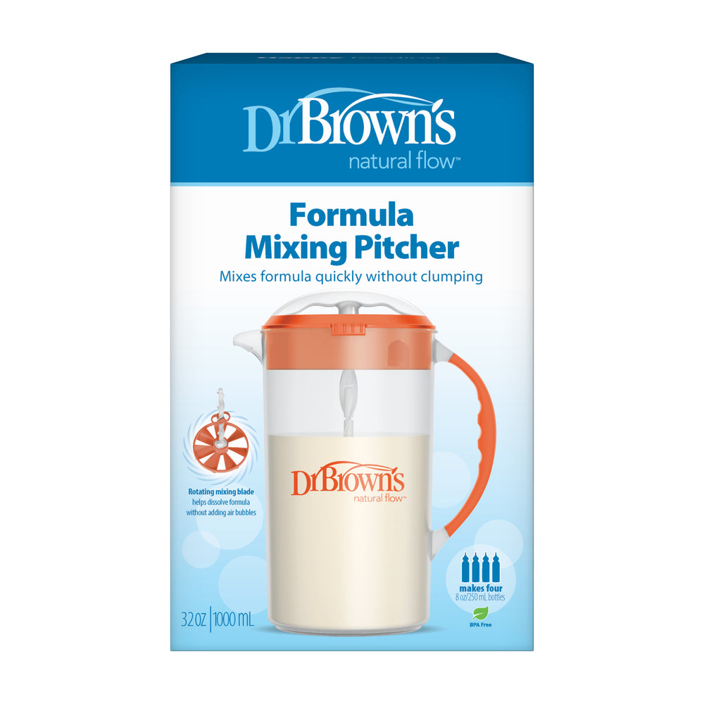 The image showcases a box featuring Dr. Brown's Natural Flow® Formula Mixing Pitcher, perfect for preparing baby bottles. The blue packaging highlights a white and orange pitcher that efficiently mixes formula to reduce clumping, aimed at minimizing gas. It has a capacity of 32 oz (1000 ml).