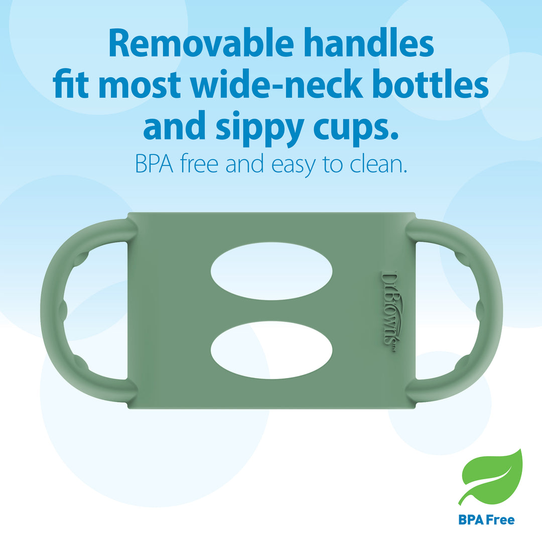 Dr. Brown's Milestones™ Wide-Neck Sippy Spout Bottle, featuring 9 oz/270 mL capacity and Dr. Brown’s green silicone handles, displayed against a light blue background with text emphasizing they are BPA-free and easy to clean. The bottom right corner includes the BPA Free logo with a green leaf.