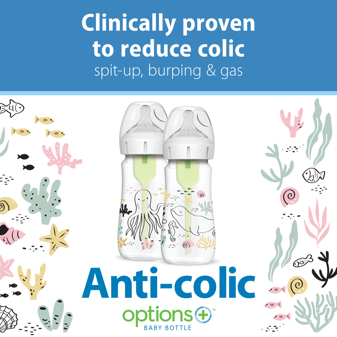 Two Dr. Brown's Natural Flow® Anti-Colic Options+™ Wide-Neck Baby Bottles in white, each with a green insert, display charming sea creature motifs. The backdrop features vibrant sea life illustrations accompanied by the text: "Clinically proven to reduce colic, spit-up, burping & gas.