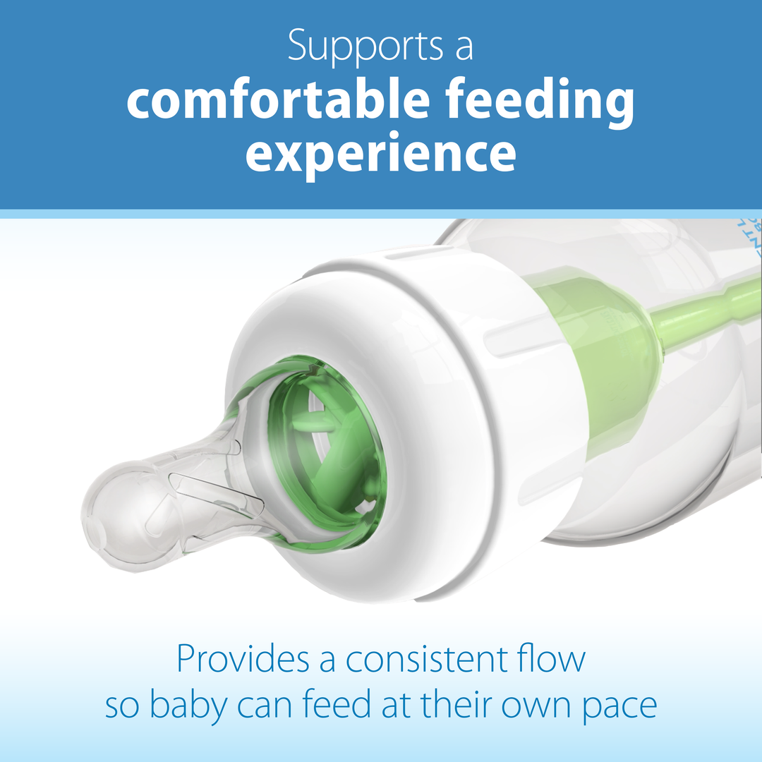 A Dr. Brown’s Natural Flow® Narrow Baby Bottle that includes a green valve system and a silicone nipple, crafted to ensure a comfortable feeding experience. Text reads: "Anti-Colic technology provides a consistent flow so baby can feed at their own pace.