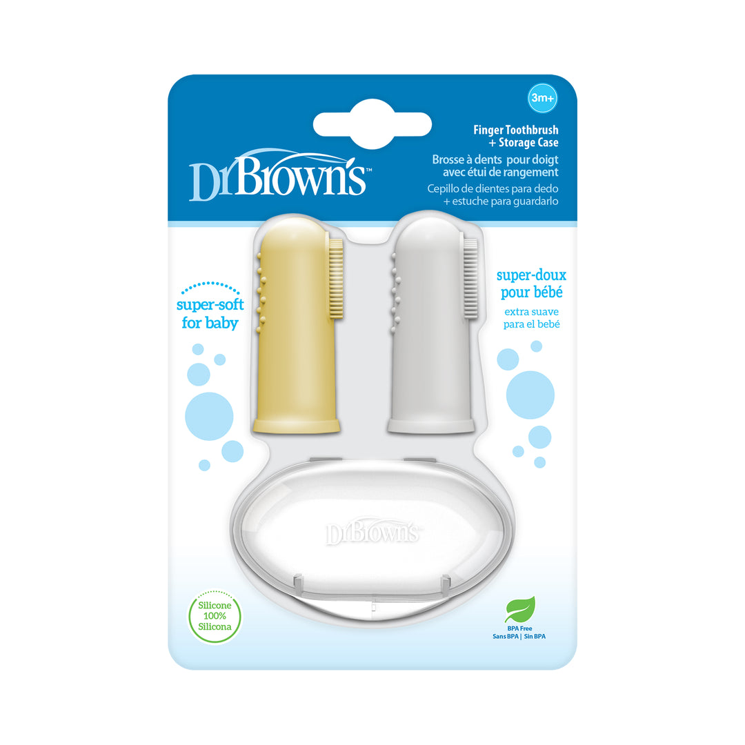 The packaging for Dr. Brown’s™ Silicone Finger Toothbrush, 2-Pack with Case showcases a yellow and white silicone finger toothbrush featuring soft silicone bristles along with a convenient storage case, ideal for maintaining baby oral hygiene. It is designed for babies aged 3 months and older and assures that it is "super-soft for baby" and "extra suave pour bebé," under the trusted brand name of Dr. Brown's.