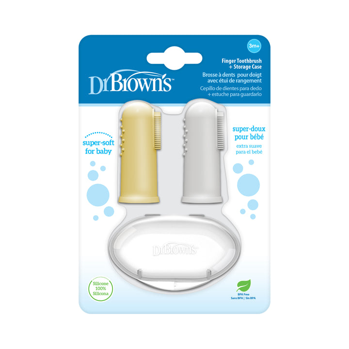 The packaging for Dr. Brown’s™ Silicone Finger Toothbrush, 2-Pack with Case showcases a yellow and white silicone finger toothbrush featuring soft silicone bristles along with a convenient storage case, ideal for maintaining baby oral hygiene. It is designed for babies aged 3 months and older and assures that it is "super-soft for baby" and "extra suave pour bebé," under the trusted brand name of Dr. Brown's.