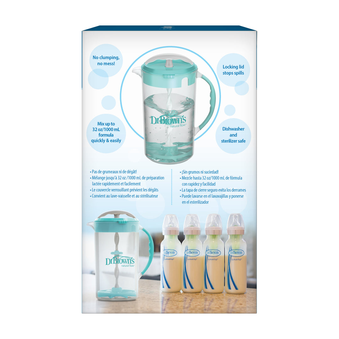 The packaging of Dr. Brown's Natural Flow® Formula Mixing Pitcher boasts a stylish design with a turquoise lid and includes four baby bottles filled with liquid. Notable features include a no-drip spout, locking lid, dishwasher safety, and the capability to mix up to 32 oz of formula without clumping.