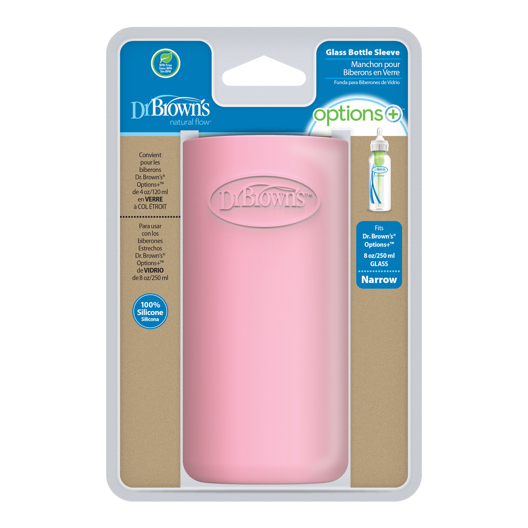 Dr. Brown's packaging highlights the Dr. Brown’s Natural Flow® Options+™ Narrow Glass Bottle Silicone Sleeves in pink, designed to fit their 8 oz/250 ml glass baby bottles. The blue-themed box provides product details in English and French, ensuring clarity for all parents.