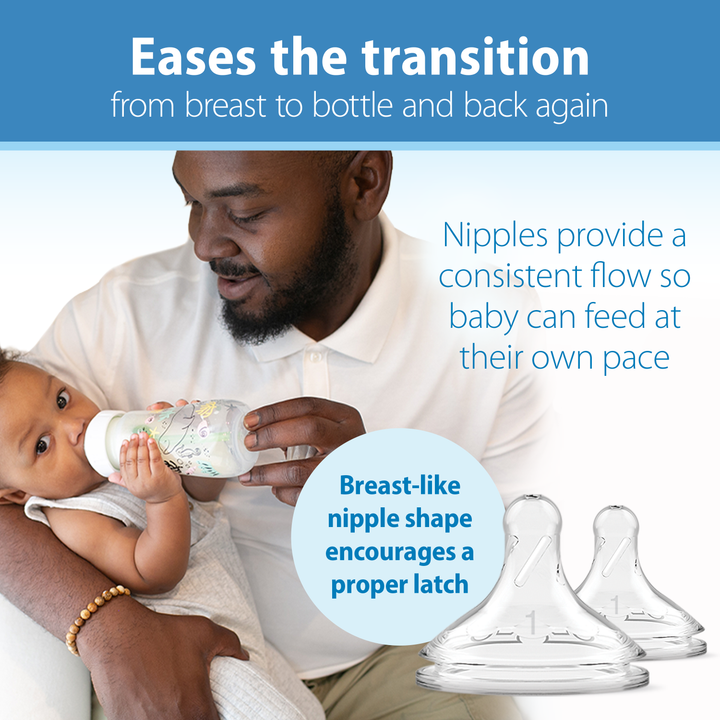 A parent uses the Dr. Brown's Natural Flow® Anti-Colic Options+™ Wide-Neck Baby Bottle, emphasizing the advantageous nipple design. This bottle eases the transition from breast to bottle and back again, with its natural flow ensuring consistent feeding at the baby's own pace. The breast-like nipple shape encourages a proper latch.